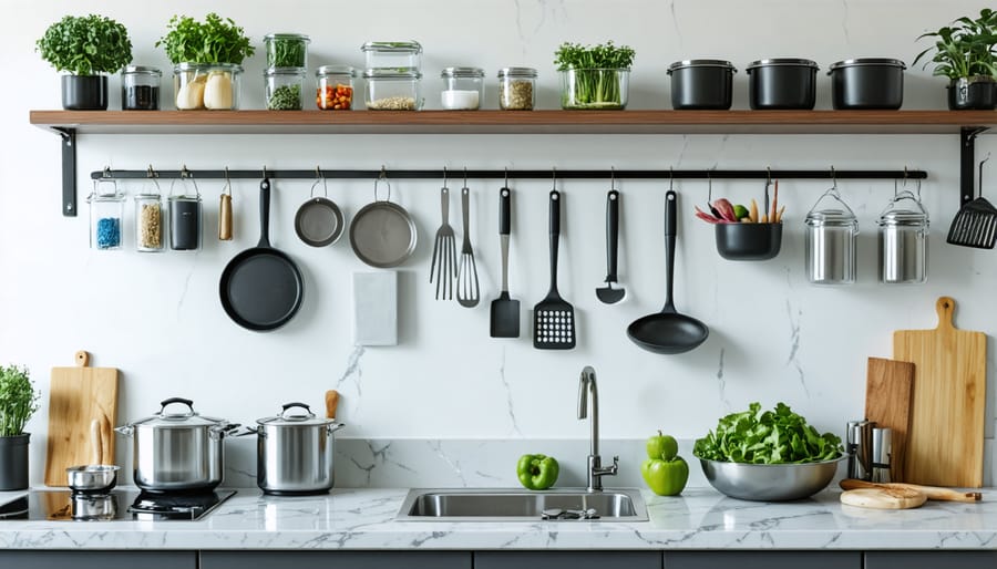 Well-organized kitchen counter showing food processor, cutting boards, containers, and labeled storage solutions
