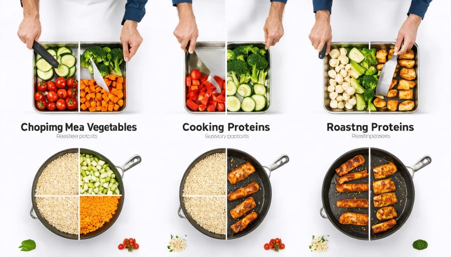Multiple meal prep tasks being performed efficiently in kitchen workflow