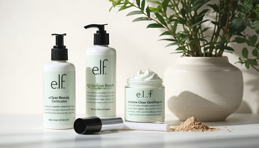 e.l.f. skincare products showing clean beauty certifications and natural ingredient badges