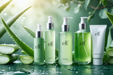 A serene display of e.l.f. skincare products, emphasizing their gentle and soothing qualities with aloe vera leaves and water droplets enhancing the calming theme.