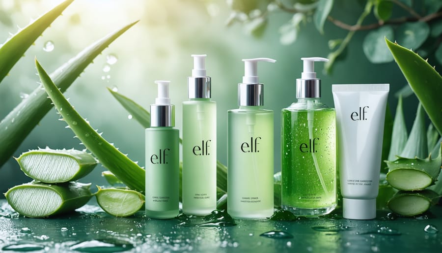 A serene display of e.l.f. skincare products, emphasizing their gentle and soothing qualities with aloe vera leaves and water droplets enhancing the calming theme.