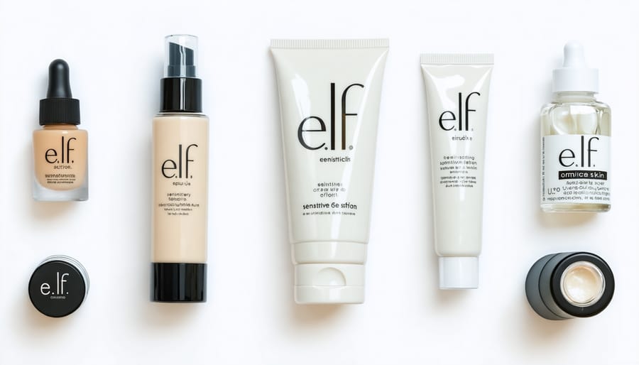 Arranged display of e.l.f. skincare products recommended for sensitive skin, including cleansers, moisturizers, and serums