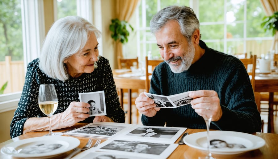 Empty nest couple reconnecting over dinner and family memories