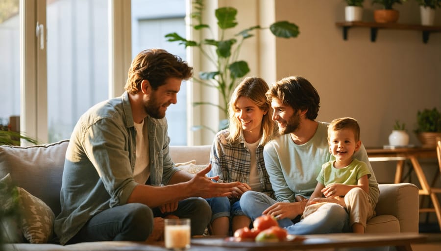 Family members having an open discussion in a comfortable living room setting