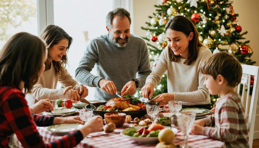 Multi-generational family preparing and sharing a holiday meal together, demonstrating balanced involvement