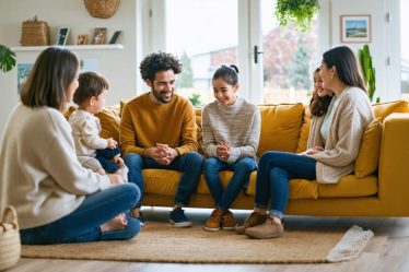 A family sitting in a cozy living room engaged in meaningful conversation, demonstrating active listening and positive body language, amidst a tech-free environment.