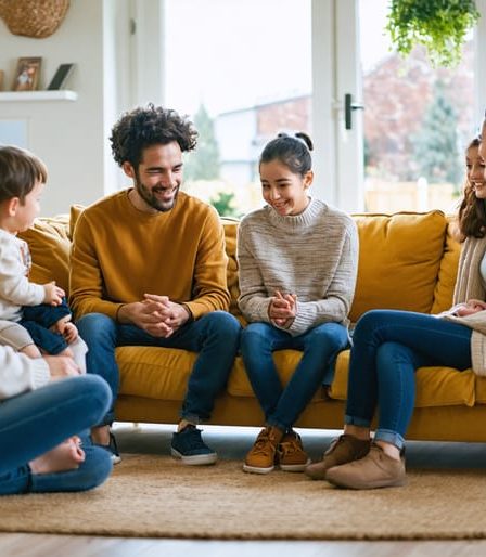 A family sitting in a cozy living room engaged in meaningful conversation, demonstrating active listening and positive body language, amidst a tech-free environment.