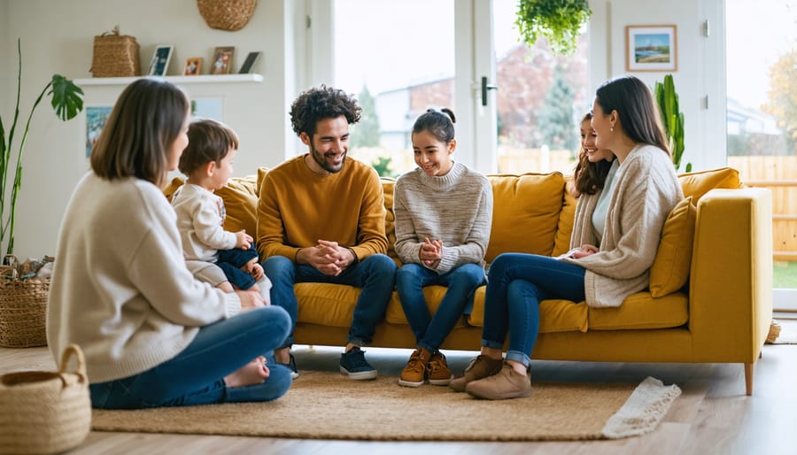 A family sitting in a cozy living room engaged in meaningful conversation, demonstrating active listening and positive body language, amidst a tech-free environment.