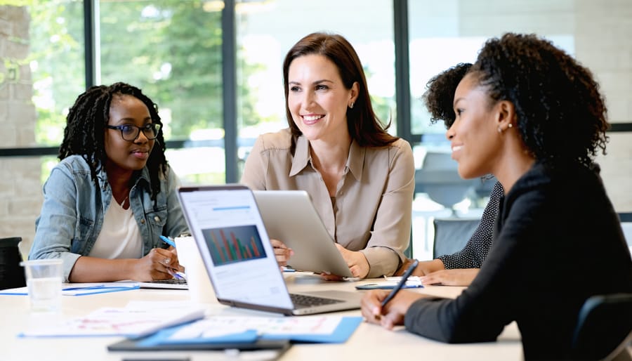 Female financial educator teaching money management skills to diverse group of women entrepreneurs