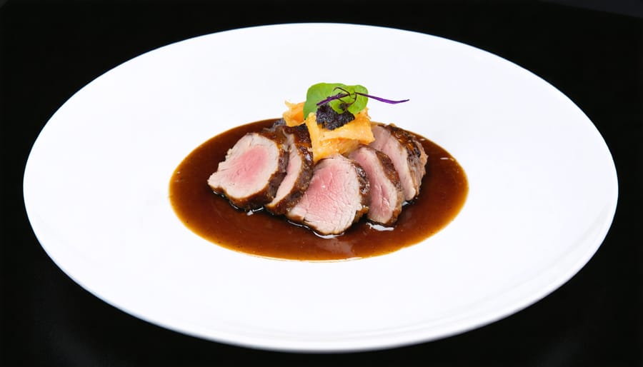 Fine dining fusion plate featuring miso-glazed duck breast with French presentation