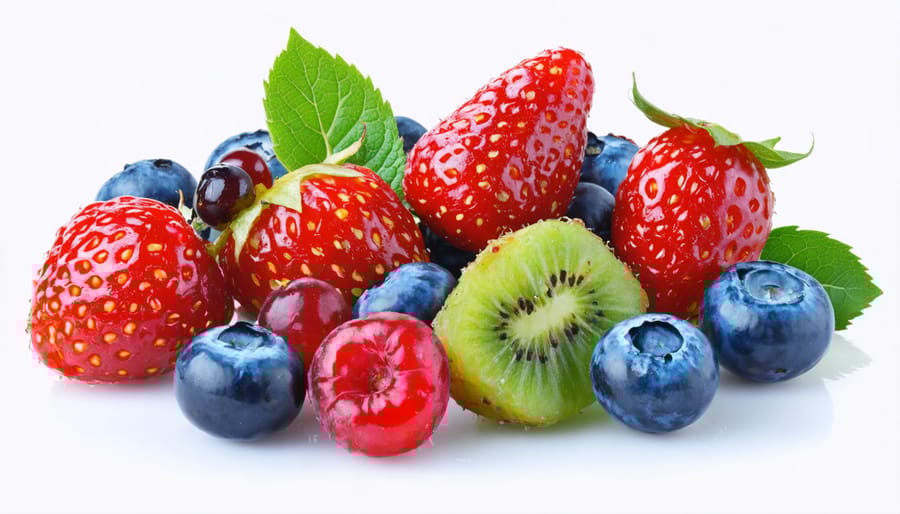 Fresh blueberries, strawberries, blackberries, and raspberries arranged on a white surface showing their vibrant colors