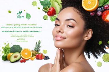 A serene woman with radiant skin surrounded by elements symbolizing internal wellness and external beauty, including gut flora, hormonal symbols, and beauty-boosting foods.
