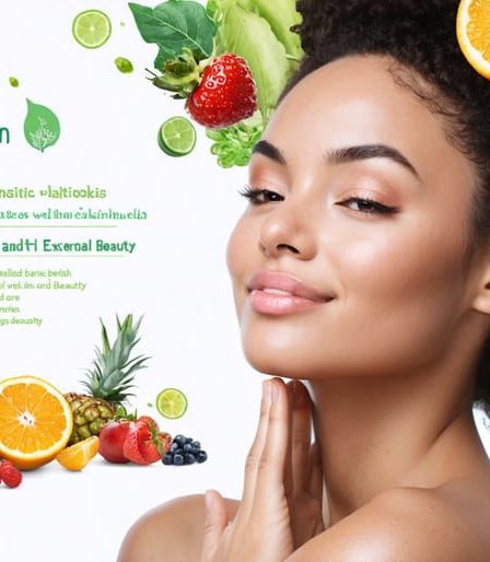 A serene woman with radiant skin surrounded by elements symbolizing internal wellness and external beauty, including gut flora, hormonal symbols, and beauty-boosting foods.