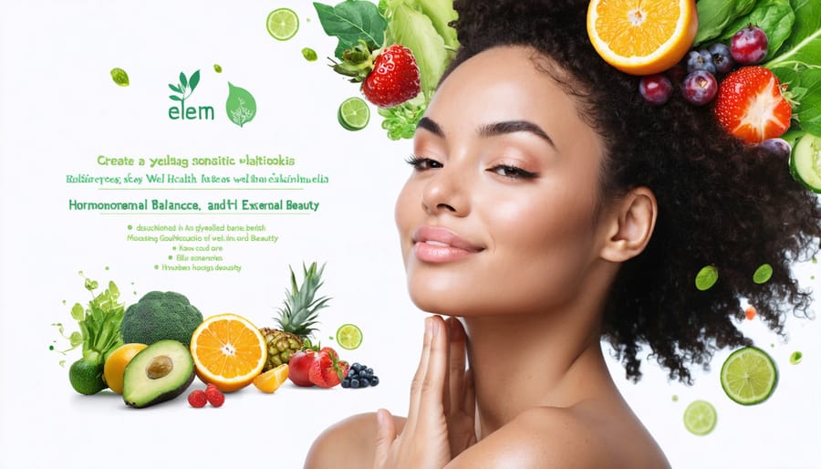 A serene woman with radiant skin surrounded by elements symbolizing internal wellness and external beauty, including gut flora, hormonal symbols, and beauty-boosting foods.