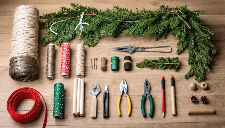 Flatlay of essential materials needed for making holiday garlands including floral wire, scissors, pine branches, and decorative elements