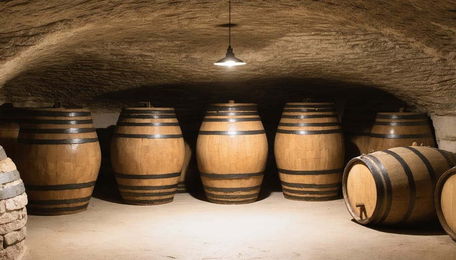 Ancient Georgian qvevri clay vessels arranged in a contemporary winery cellar