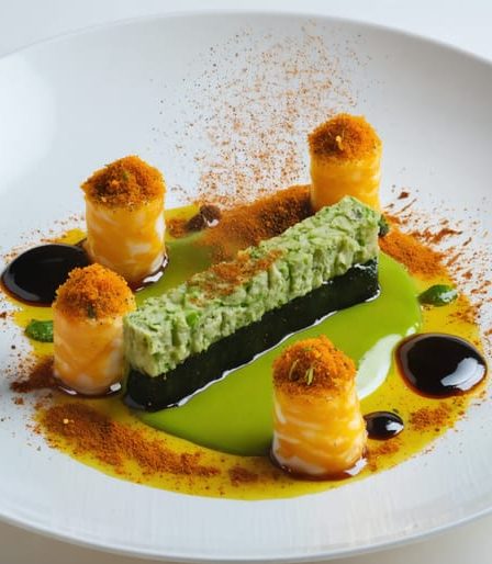 An elegantly plated gourmet dish showcasing a fusion of global flavors, featuring French presentation with Asian and exotic influences like wasabi-infused sauce, saffron, and za'atar.