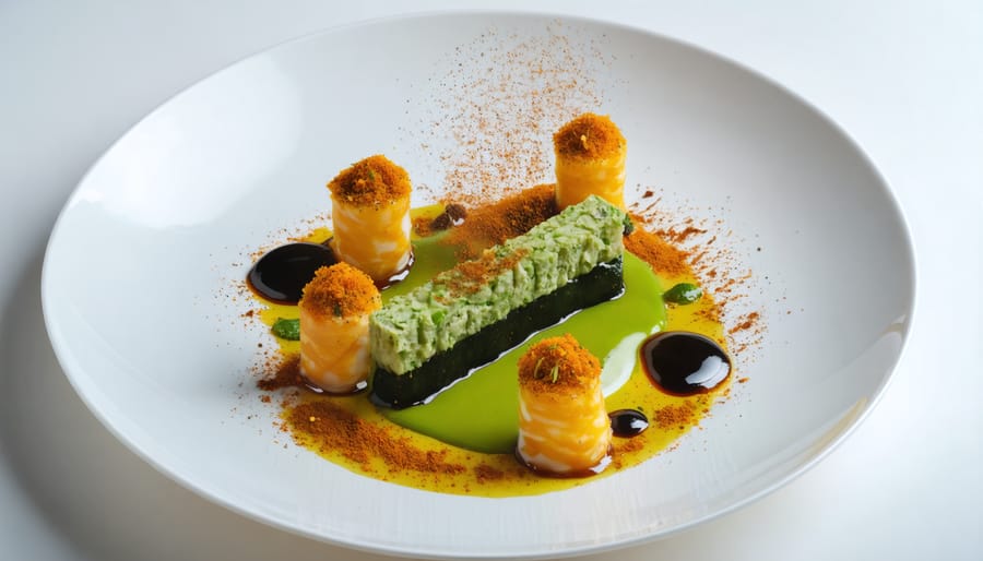 An elegantly plated gourmet dish showcasing a fusion of global flavors, featuring French presentation with Asian and exotic influences like wasabi-infused sauce, saffron, and za'atar.