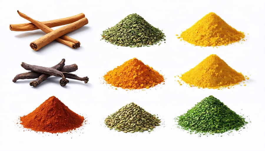 Colorful arrangement of international spices and ingredients used in modern gourmet cooking
