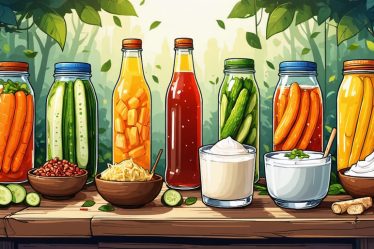 An artistic array of various traditional and modern fermented foods, including kimchi, sauerkraut, kombucha, yogurt, kefir, and miso, displayed creatively on a wooden table.