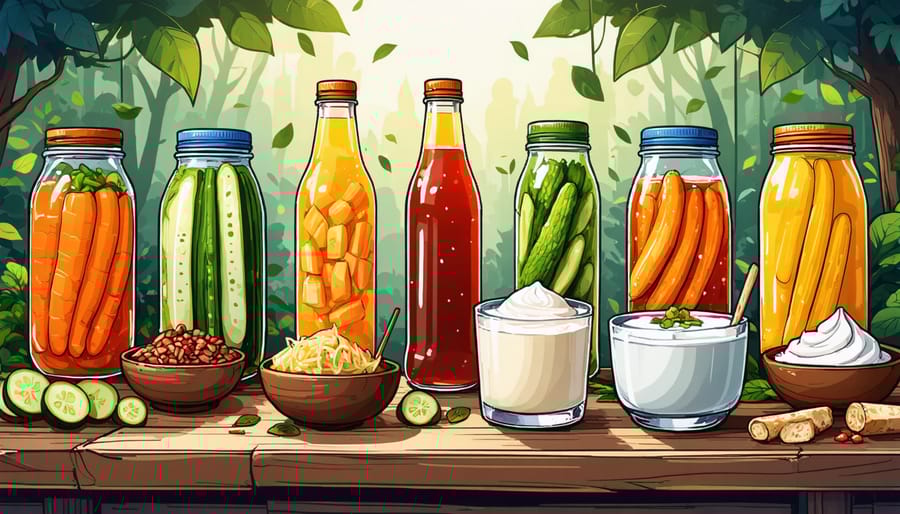 An artistic array of various traditional and modern fermented foods, including kimchi, sauerkraut, kombucha, yogurt, kefir, and miso, displayed creatively on a wooden table.