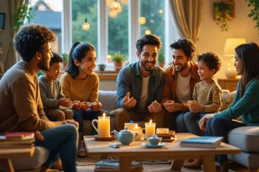 A diverse family engaged in lively conversation in a cozy living room setting, with soft lighting and no digital distractions, highlighting a harmonious atmosphere for communication.