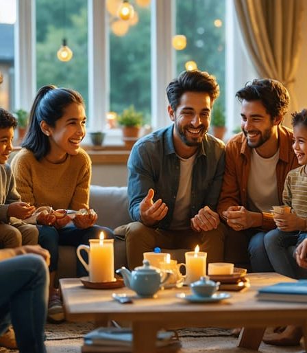 A diverse family engaged in lively conversation in a cozy living room setting, with soft lighting and no digital distractions, highlighting a harmonious atmosphere for communication.
