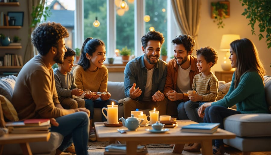 A diverse family engaged in lively conversation in a cozy living room setting, with soft lighting and no digital distractions, highlighting a harmonious atmosphere for communication.