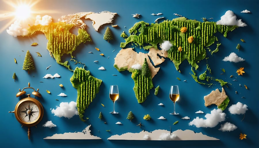 Artistic world map highlighting emerging wine regions with vineyard and wine icons, representing global exploration in winemaking.