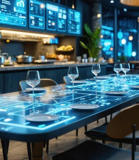 "Innovative fine dining setup with transparent digital menu, ambient lighting, and smart kitchen technology."