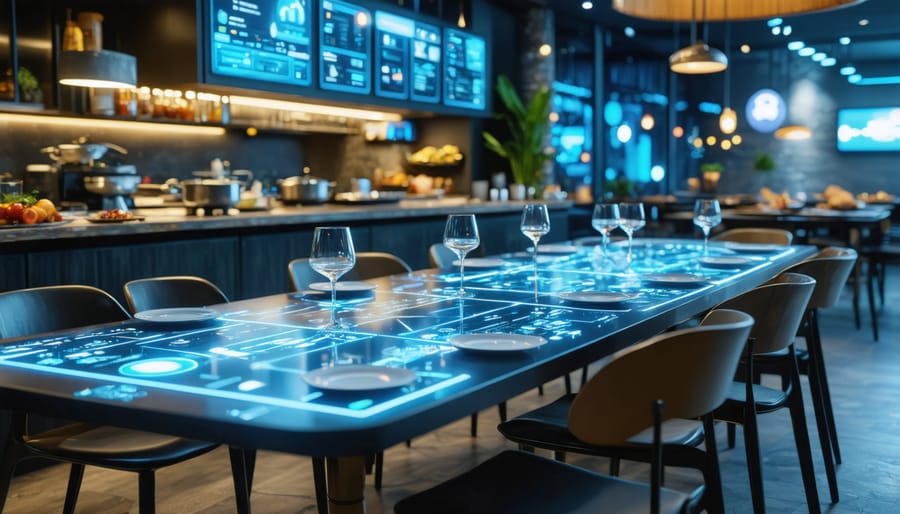 "Innovative fine dining setup with transparent digital menu, ambient lighting, and smart kitchen technology."
