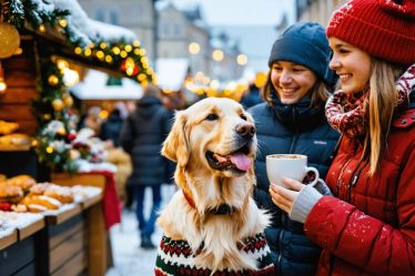 A happy family and their golden retriever enjoying a festive Christmas market, surrounded by decorated booths and twinkling lights.