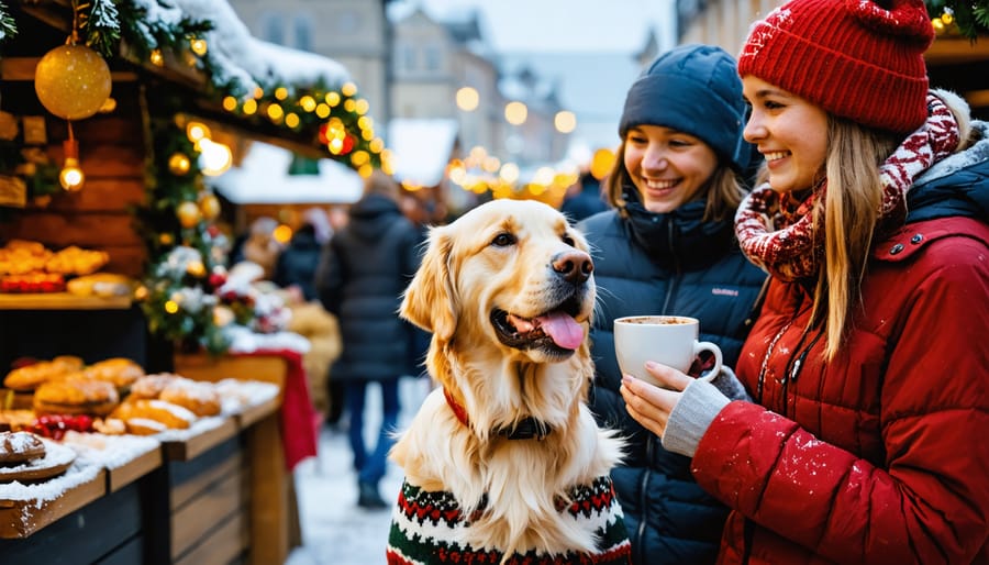 A happy family and their golden retriever enjoying a festive Christmas market, surrounded by decorated booths and twinkling lights.