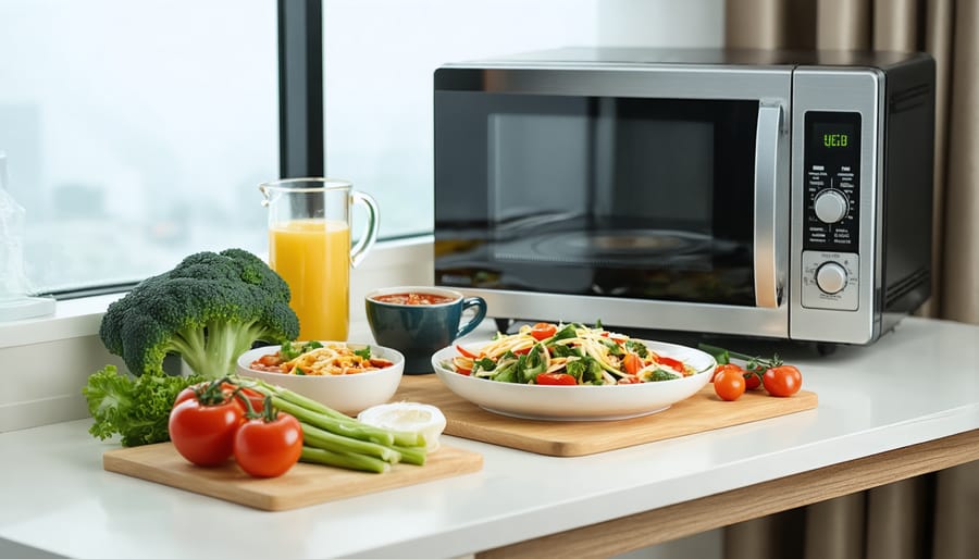 Hotel room meal preparation setup featuring microwave-safe containers and simple cooking tools