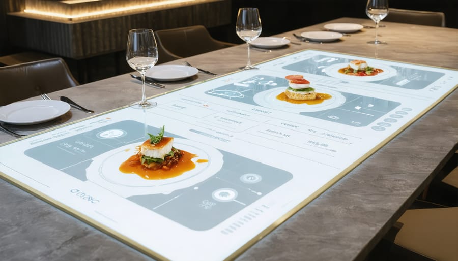 Fine dining table setting with digital menu tablet showing 3D food visualization