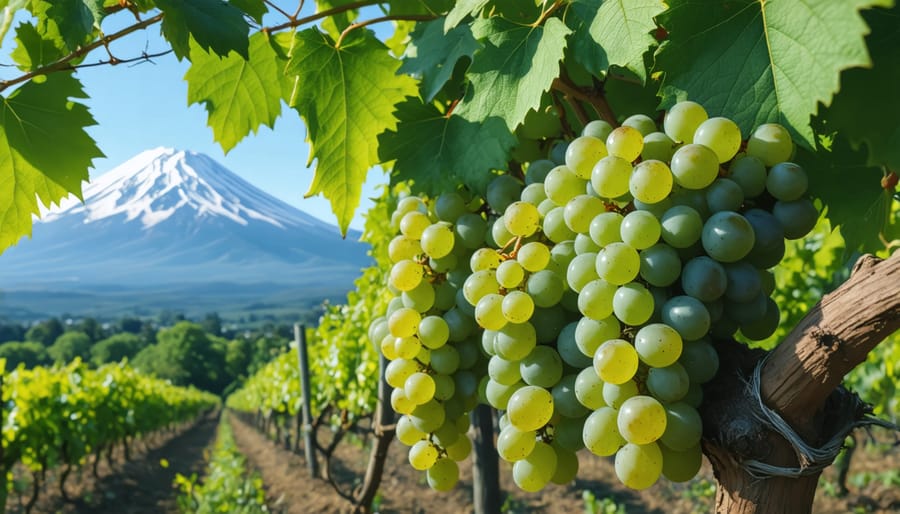 Distinctive pale purple Koshu grapes growing in a Japanese vineyard with Mount Fuji vista
