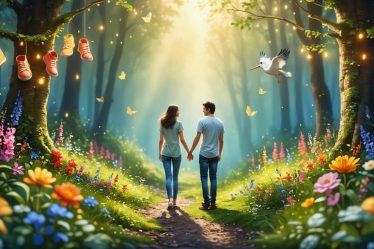 A couple holding hands at the beginning of a colorful forest path, symbolizing the journey to parenthood with baby-related elements interspersed throughout the scene.