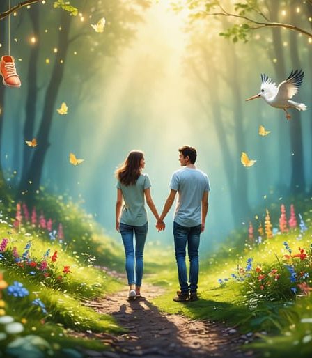 A couple holding hands at the beginning of a colorful forest path, symbolizing the journey to parenthood with baby-related elements interspersed throughout the scene.