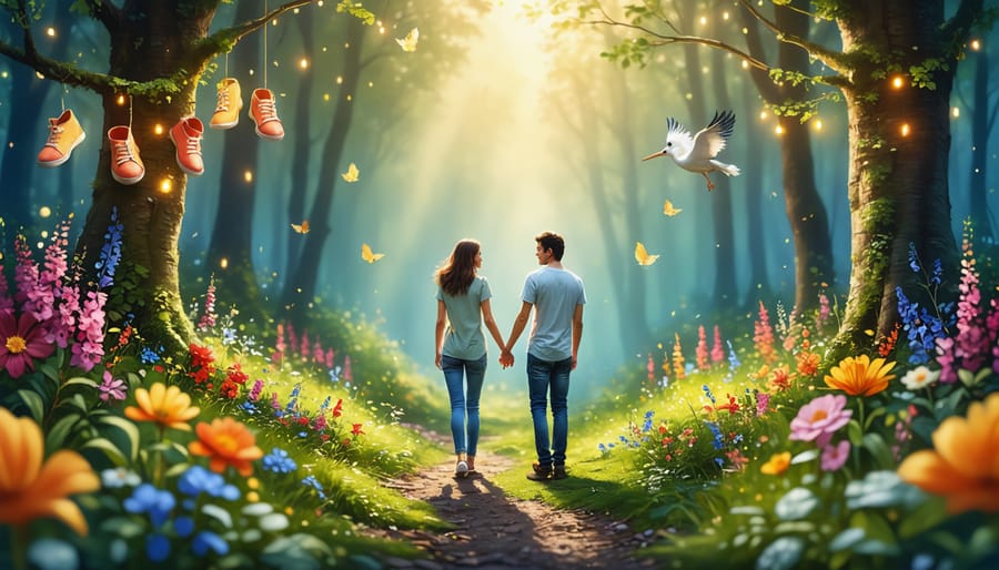 A couple holding hands at the beginning of a colorful forest path, symbolizing the journey to parenthood with baby-related elements interspersed throughout the scene.