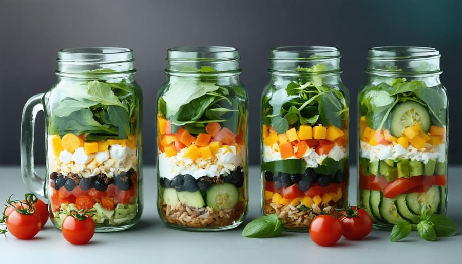 Layered mason jar salad with clear visibility of protein, vegetables, and greens in distinct layers