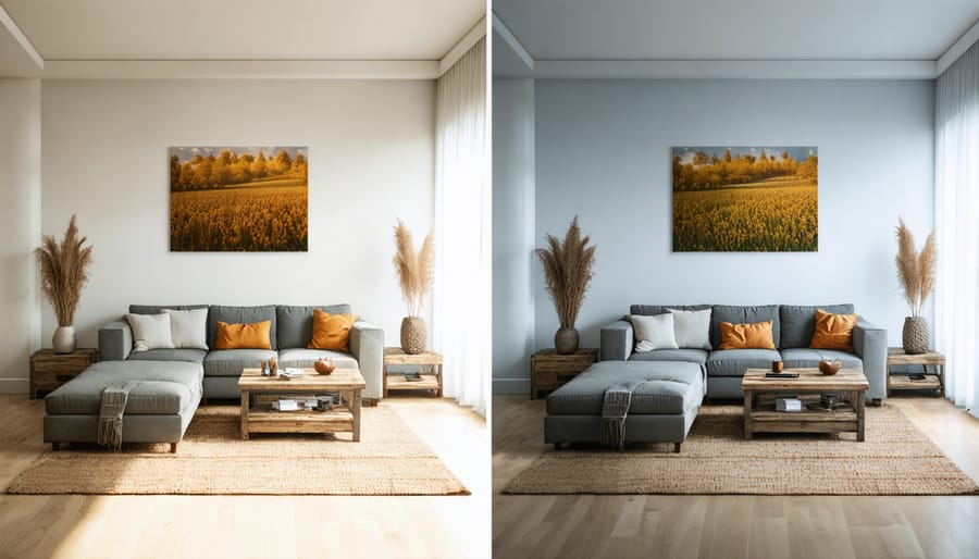 Before and after comparison of a living room's seasonal transformation
