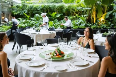 An elegant restaurant setting showcasing diners enjoying a meal made from fresh, locally sourced ingredients, with chefs visible in the background tending to an abundant rooftop garden, symbolizing the integration of luxury and sustainability in fine dining.
