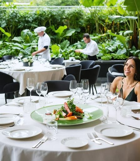 An elegant restaurant setting showcasing diners enjoying a meal made from fresh, locally sourced ingredients, with chefs visible in the background tending to an abundant rooftop garden, symbolizing the integration of luxury and sustainability in fine dining.