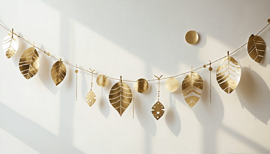 Four-stage process showing the creation of a metallic paper garland from cutting to assembly