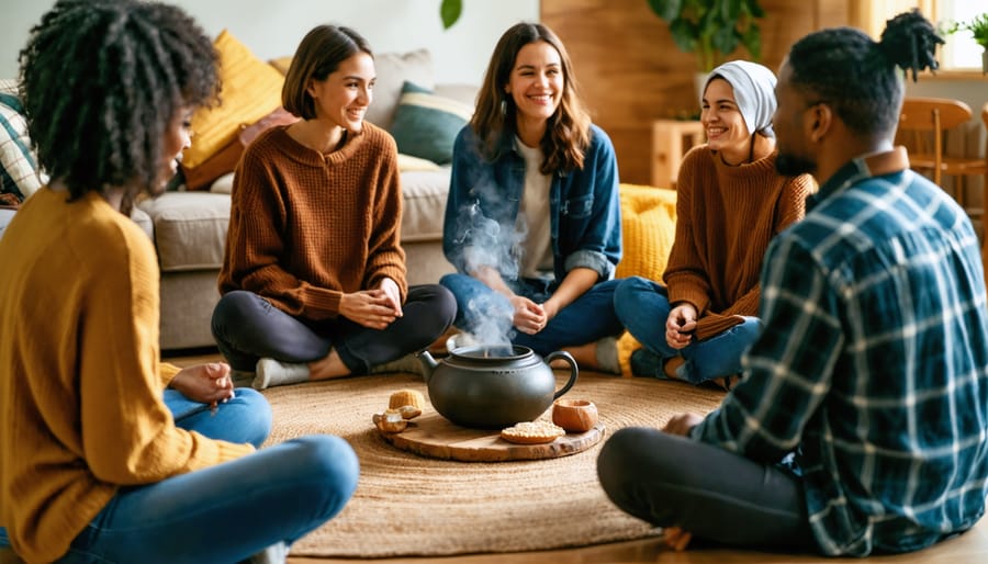 Diverse group of individuals sitting in a cozy living room, engaging in an authentic and meaningful conversation, with shared snacks and warm lighting highlighting their connectedness.
