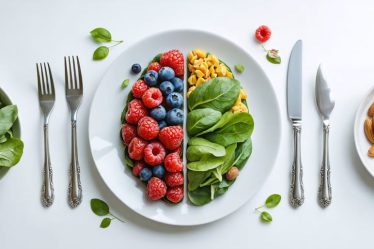 Artistic depiction of a mindful eating journey, showcasing a serene dining setup with elements symbolizing the connection between nutrition and cognitive wellbeing, featuring leafy greens, berries, and nuts intertwined with brain imagery.