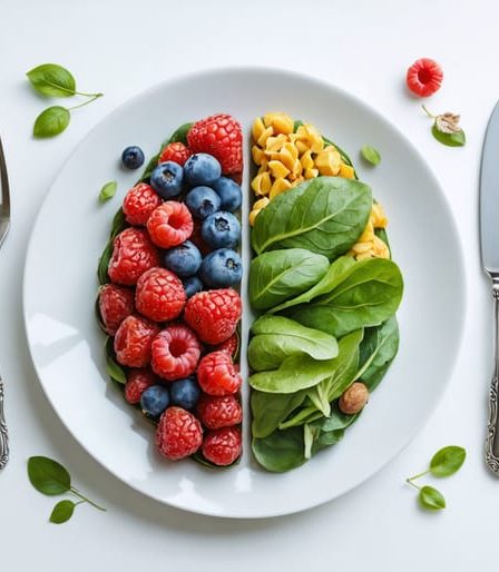 Artistic depiction of a mindful eating journey, showcasing a serene dining setup with elements symbolizing the connection between nutrition and cognitive wellbeing, featuring leafy greens, berries, and nuts intertwined with brain imagery.