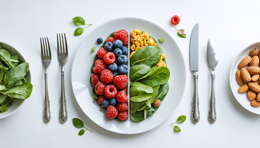 Artistic depiction of a mindful eating journey, showcasing a serene dining setup with elements symbolizing the connection between nutrition and cognitive wellbeing, featuring leafy greens, berries, and nuts intertwined with brain imagery.