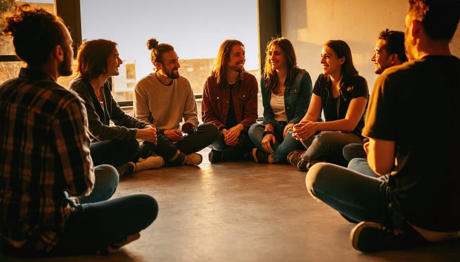 Small group engaged in meaningful conversation in a cozy living room setting
