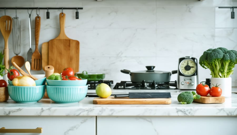 Clean kitchen workspace displaying essential tools for mindful meal preparation